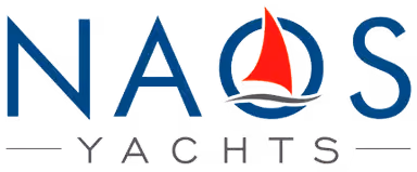 Naos Yachts logo with blue letters and red sailboat on wavy background