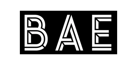 Bold black and white letters spelling BAE with 3D shadow effect